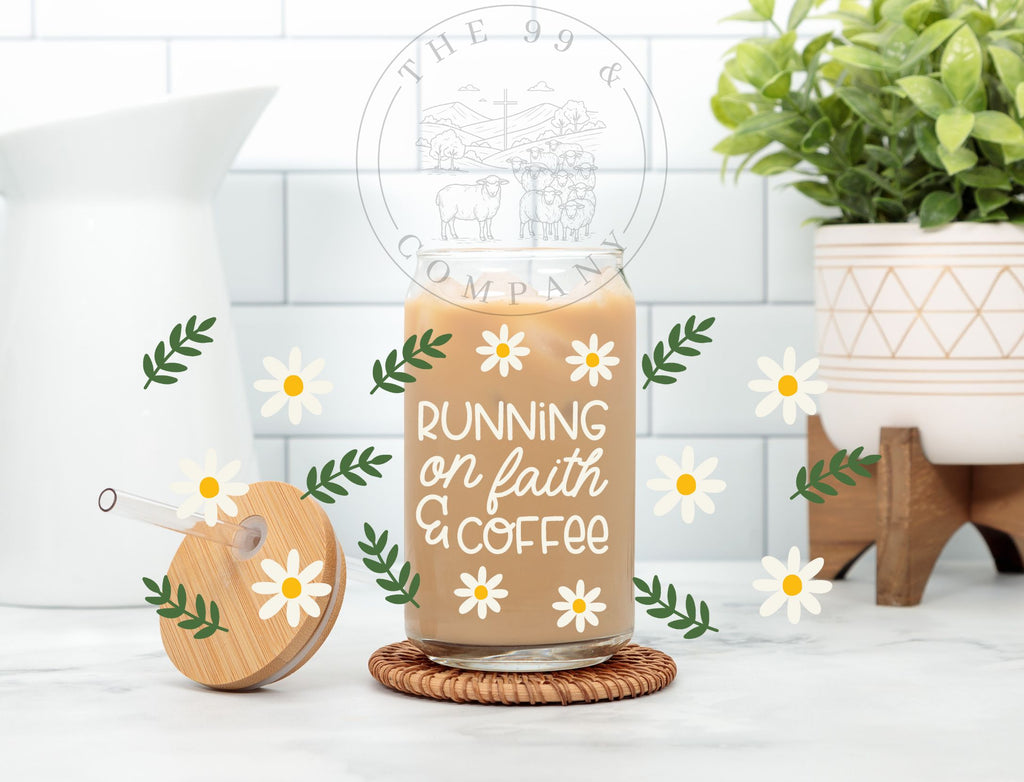 16 oz Libbey Glass Cup – Running on Faith and Coffee