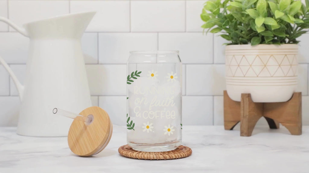 16 oz Libbey Glass Cup – Running on Faith and Coffee